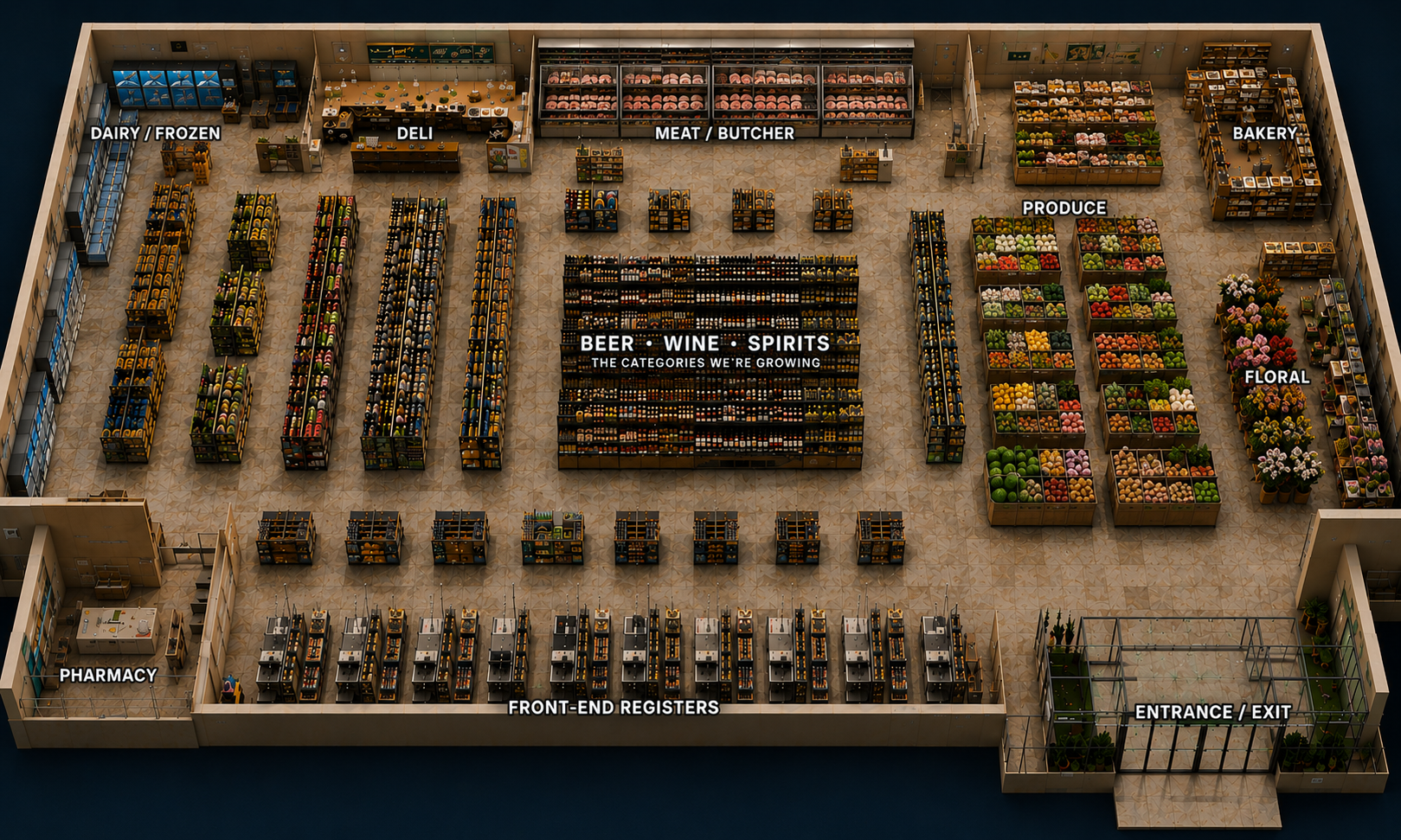 Albertsons TX reference store — 3D isometric layout